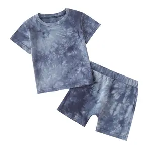 Green horizon verão crianças conjunto de duas peças, atacado crianças roupas camiseta de manga curta com shorts de tecido para meninos