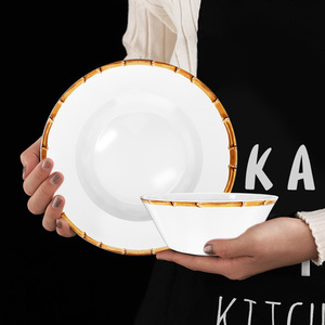 Ensemble d'assiettes de mariage en céramique de style vintage ensemble de dîner en porcelaine avec bord en bambou vaisselle écologique pour la location d'événements de restauration - Product Image 5