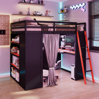Lit mezzanine moderne en bois pleine taille avec armoire, étagères, rideaux occultants, lumières RGB et design de lit douillet