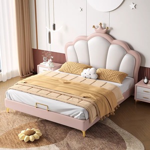 Lit enfant princesse, taille complète, rembourré, avec rangement, en cuir, design minimaliste pour chambre d'enfant - Product Image 1
