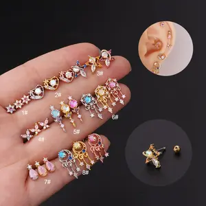 Vintage zirkon çiçek paslanmaz çelik kadın için top küpe geometrik yıldız kalp küpe vücut Piercing takı aksesuarları hediyeler