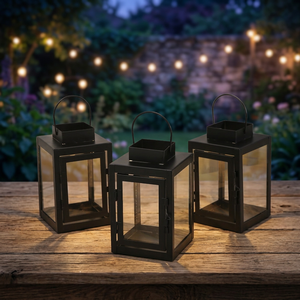 Modern Small Black Hanging Iron Lantern Outdoor Christmas Decoration Square Portable Letterpress Printed Candle Holder for Home - Product Image 1