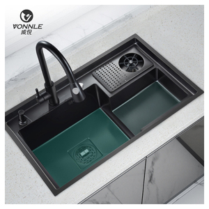Évier de cuisine intelligent en acier inoxydable nano <span class=keywords><strong>noir</strong></span> nouvellement conçu avec lave-gobelet Style <span class=keywords><strong>bol</strong></span> unique 1 valve en laiton - Product Image 2