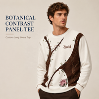 T-shirt décontracté à manches longues gaufré pour homme avec empiècements contrastants, broderie patchwork personnalisée, col rond, imprimé streetwear – Fabricant