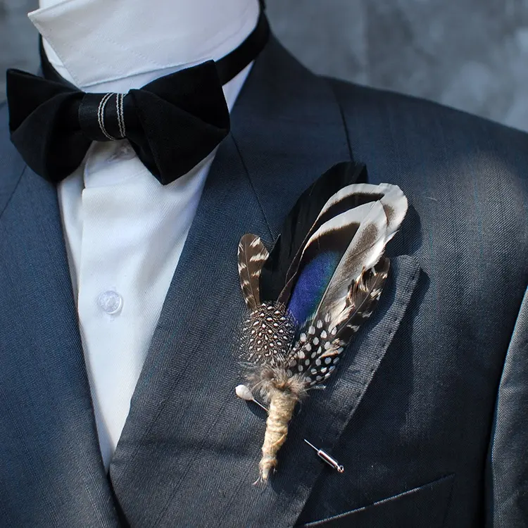 Mens bowtie Handmade Feather and Leather Pre-tied Bow tie and Brooch Wooden Sets for Men
