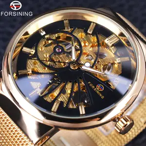 Forsining שעונים יוקרה זהב שלד מכאני שעונים לגברים חגורת רשת שקוף מקרה עמיד למים זוהר שעון יד אדם