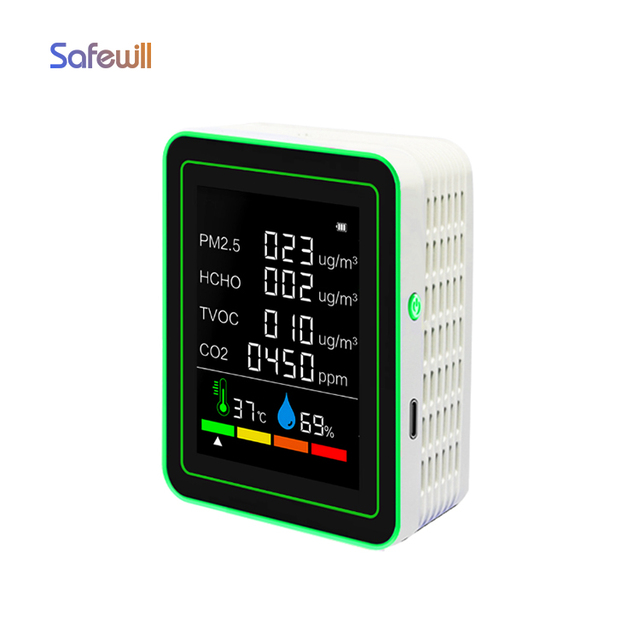 Safewill Wholesale Smart Home Indoor Air Quality Monitor 6 in 1 AQI PM2.5 PM10 TVOC CO2 Meter LCD Temperature Humidity Sensor
