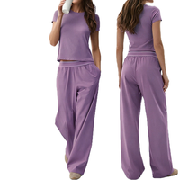 Ensemble de vêtements de sport pour femmes en 2 pièces, haut à manches courtes à col rond, pantalon droit à taille haute élastique, séchage rapide, spandex/nylon