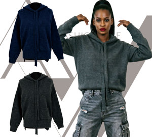 Chunky Knit Hooded Sweater Charcoal Grey Pullover Drawstring Hoodie Oversized <strong>Slouchy</strong> Side Split Pocket <strong>Jumper</strong> for <strong>Women</strong> - Product Image 2