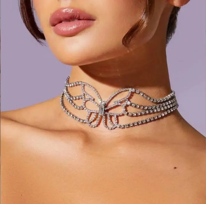 Luxus mehr schicht ige übertriebene Strass Schmetterling Kristall Choker Halskette Ohrring Set für Frauen Shiny Halskette Braut Mi Schmuck