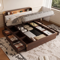 Lit double moderne en pin avec revêtement en cuir PU, fonction de rangement, inclinable et réglable, taille Queen pour la chambre à coucher