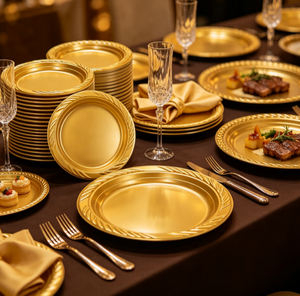 Wholesale Stackable Gold Disposable Round PS Plastic Plates Heavy Duty <strong>Decorative</strong> Rim Dinner Plates for Wedding Party <strong>Catering</strong> - Product Image 2