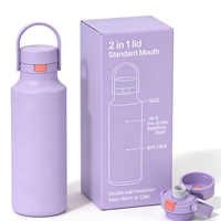 Gourde isotherme à double paroi 16oz 22oz avec double bouchon de boisson, bec verseur à bouton-poussoir et paille, pour la gym, à ouverture moyenne