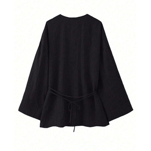 Chemisier noir à col en V pour femme, coupe carrée, manches longues, ceinturé, tissé, décontracté, pour le printemps - Product Image 6