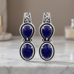 Gourik Classic 925 Sterling <b>Silver</b> Natural Lapis Lazuli Gemstone Cabochon Teardrop Oval <b>Silver</b> Plated Claw Setting <b>Stud</b> <b>Earrings</b> - Product Image 2