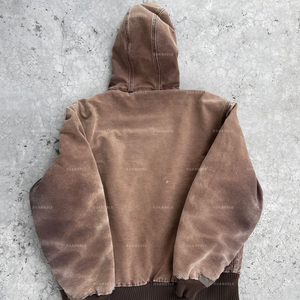 Kustom Hoodie Denim 500GSM pria, jaket hoodie pekerjaan pudar matahari Denim ritsleting atas - Product Image 3