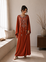 Gaun Muslim Satin Premium Berhias Kristal Butik, Kaftan Elegan Butik Dubai untuk Wanita