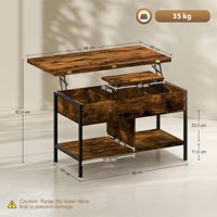 Table basse moderne en métal relevable et extensible avec plateau pliant et compartiment caché pour tasses ouvertes, brun rustique, 98x49x55 cm