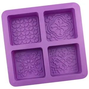 Cetakan sabun silikon kustom kustom 4 lubang cetakan kue bunga persegi untuk sabun lilin jeli