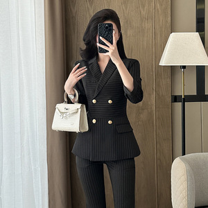 Women's Pinstripe Suit Jacket Three Quarter Sleeve Double Breasted Business Formal Spring Wear Anti-Wrinkle Worsted Fabric - Product Image 4