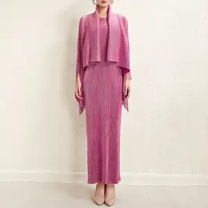 Atacado Nova Chegada 2024 Miyake Vestido Plissado Tassel Xaile de Duas Peças Casual Elegante Moda Vestido