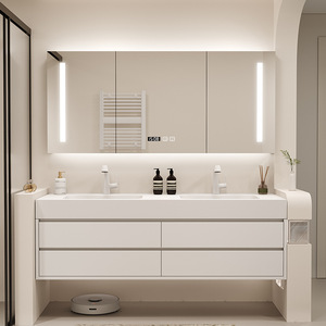 Meuble de salle de bain minimaliste avec miroir intelligent et vasque intégrée en céramique, vasque inférieure - Product Image 1