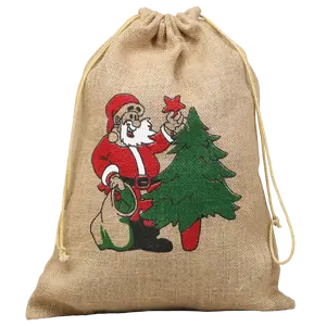 Low Price Christmas Santa Printing Drawstring jute Pouch Bag without lamination jute pouch made in West Bengal In India