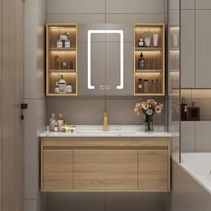 Grosir pemasok Set kabinet kamar mandi kayu Modern Vanity kamar mandi wastafel ganda Set kabinet kamar mandi tahan air