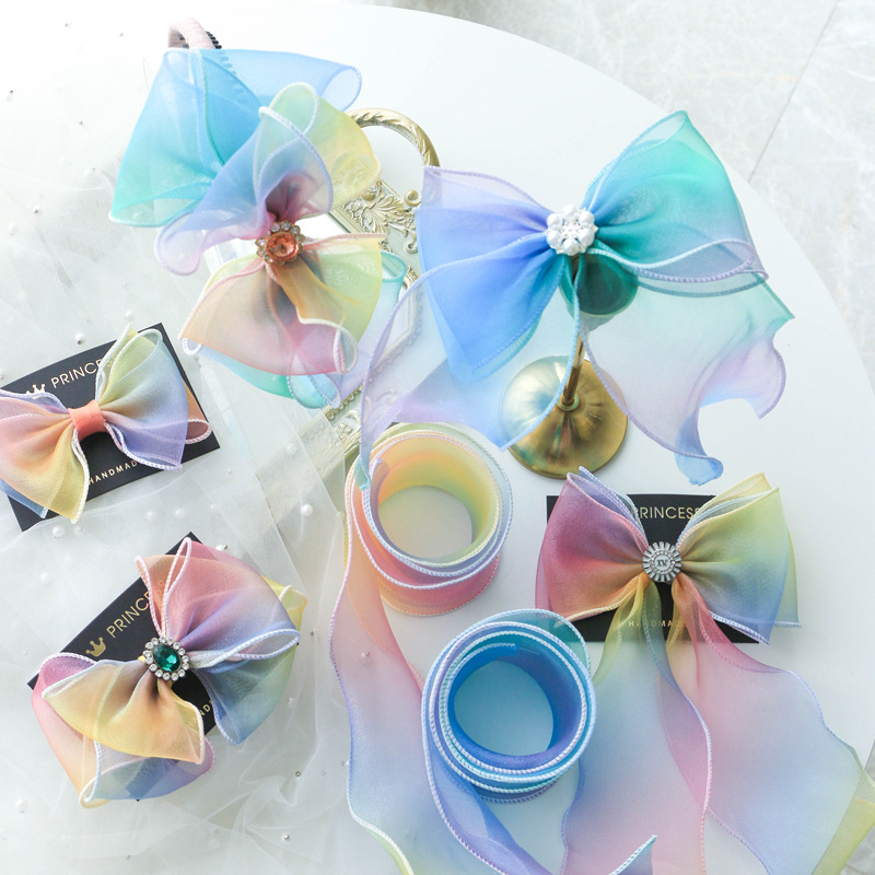 Распродажа, радужная лента-бант ручной работы, детская заколка для волос, материал градиентной завивки, Снежная лента