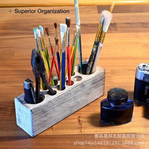 Wooden Pen Holder <b>Solid</b> <b>Wood</b> <b>Desk</b> Organizer Square Shape For Paintbrushes And Art Tools - Product Image 4