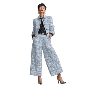 Ensemble tailleur élégant 2 pièces imprimé pour femme : veste à col montant et pantalon droit large en Spandex/Polyester, anti-boulochage et respirant - Product Image 1