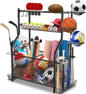 Metal Garage Sports Equipment Storage Rack with Basket and Hooks for Garage Gym