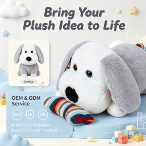 Jouet musical en peluche chien couché mignon de haute qualité personnalisé avec corde à tirer, chiot en peluche doux avec os tricoté, jouet musical pour enfants - Product Image 1