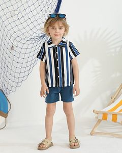Vêtements d'été pour garçons <span class=keywords><strong>de</strong></span> haute qualité beau costume Style britannique nouvelle <span class=keywords><strong>chemise</strong></span> à manches courtes rayée marine pour enfants ensemble deux pièces - Product Image 4