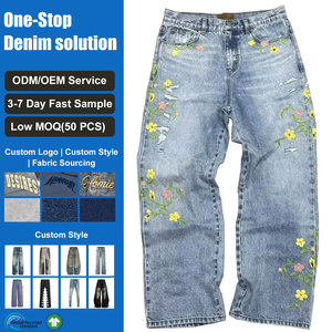 Jeans Baggy da Donna Professionali in Denim con Ricamo Floreale, Vita Media, Gamba Larga e Dritta - Product Image 1