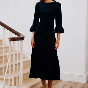 Vestido Midi de Verano Personalizable con Volantes, Elegante, de Algodón y Lino, Cuello Redondo, Casual, con Mangas Acampanadas, para Mujer - Product Image 1