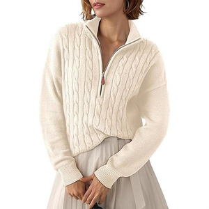 Phụ Nữ Của Áo Len 2025 Mùa Thu Mùa Đông Quý Zip Giản Dị Gân Cáp Đan Áo Thun - Product Image 1