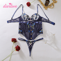 DIERLOVE Ensemble de Lingerie Brodé pour Femme 3 Pièces Soutien-Gorge à Armatures Culotte Corset Taille Haute Dentelle Florale Marque Privée Vente en Gros