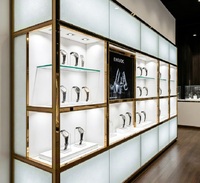 Vitrine murale en aluminium blanc doré à plusieurs niveaux pour montres, avec éclairage LED, dimensions personnalisables, durable et facile à installer