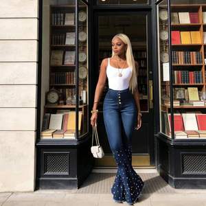 <span class=keywords><strong>Jean</strong></span> évasé décontracté taille haute extensible pour femme, orné de strass et de perles, <span class=keywords><strong>en</strong></span> denim tendance, coupe cloche, pour usage quotidien - Product Image 1