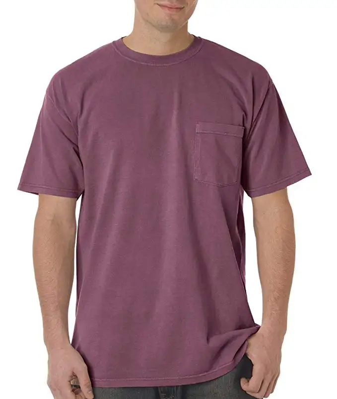 Kaus kustom pabrikan 100% kaus polos katun kaus lengan pendek cuci pigmen dengan saku
