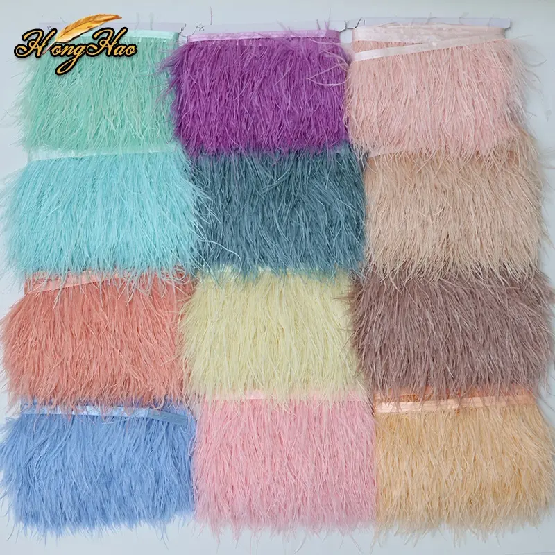 Dyed Pattern Ostrich Feather Lace Trimming Fabric 8-10 cm Thick Fluffy Fringe on Cord for Party Dresses   Clothes