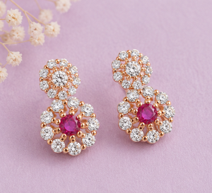 Boucles d'oreilles en argent sterling 925 plaqué or rose avec grappe de fleurs et zircone cubique |   Bijoux tendance pour femmes - Product Image 3