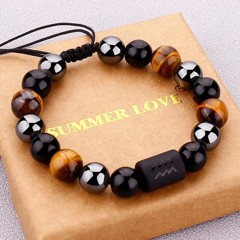 New Arrival 12 Zodiac Sign Bracelet Adjustable Tiger Hematite Black Obsidian Triple Protection Bracelet For Women Men 10mm