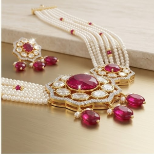 Conjunto de Collar de Plata 925 con Rubí y Perla, Joyería de Diseño para Novia, Aretes Tradicionales para Mujer, Colección de Joyería para Mujer - Product Image 2