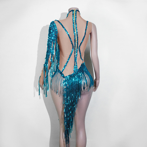 Justaucorps sirène <span class=keywords><strong>Aqua</strong></span> Glamour turquoise à sequins et franges découpées pour la danse de salon, la danse latine, la samba, les spectacles sur scène et les divas - Product Image 2