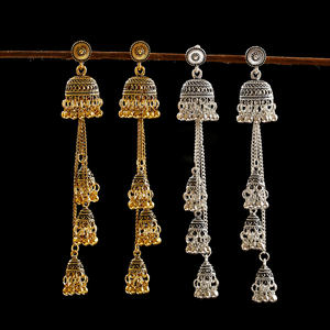 ต่างหูทองสีเงินของชนเผ่าอัฟกานิสถานยาวพู่ลูกปัดวางต่างหูเครื่องประดับบอลลีวูดระฆัง Jhumka อินเดียต่างหูเครื่องประดับจัดงานแต่งงาน - Product Image 4