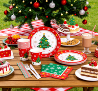 Ensemble de vaisselle jetable sur le thème de Noël, décoration de fête de fin d'année, fournitures de décoration de fête colorées, assiettes en papier, gobelets, serviettes de fête