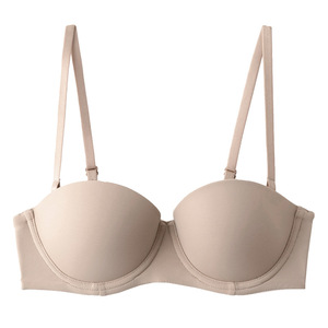 SUHE Women's Seamless Half Cup Bra Glossy Soft Steel Ring <b>Small</b> <b>Chest</b> Push Strapless Non-Slip Underwear Nylon Fabric Rear Double - Product Image 5