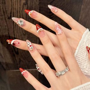 10 <span class=keywords><strong>Uñas</strong></span> Postizas Acrílicas Hechas a Mano con Diseño <span class=keywords><strong>de</strong></span> Copo <span class=keywords><strong>de</strong></span> Nieve 3D Rojo Francés para Navidad, Tamaño Mediano, Cobertura Completa, con Pegamento, Venta al por Mayor - Product Image 2